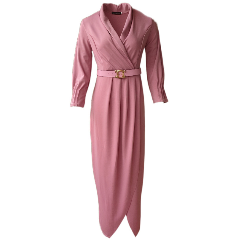 Pure Color Small V Lapel Temperament Commuter Dress With Belt