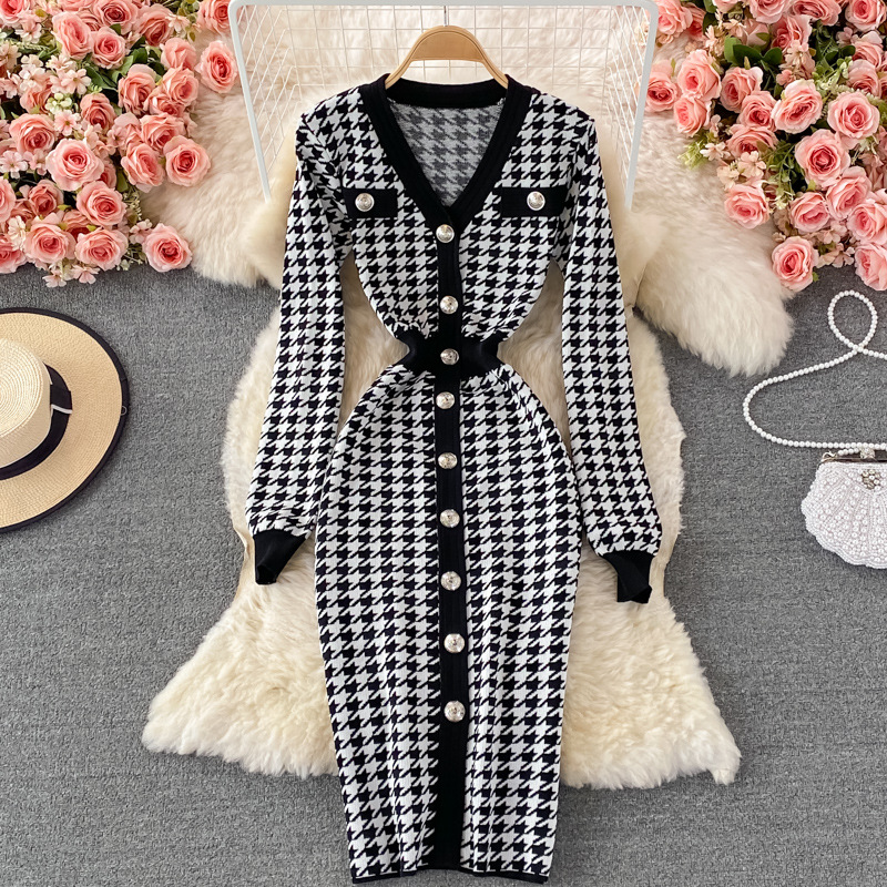 V-neck Contrast Color All-match Checked Knit Bag Hip Dress
