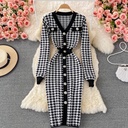 V-neck Contrast Color All-match Checked Knit Bag Hip Dress