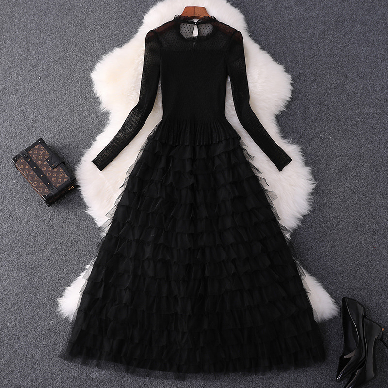 Black Mesh Stretch High Waist Slim Long Sleeve Dress