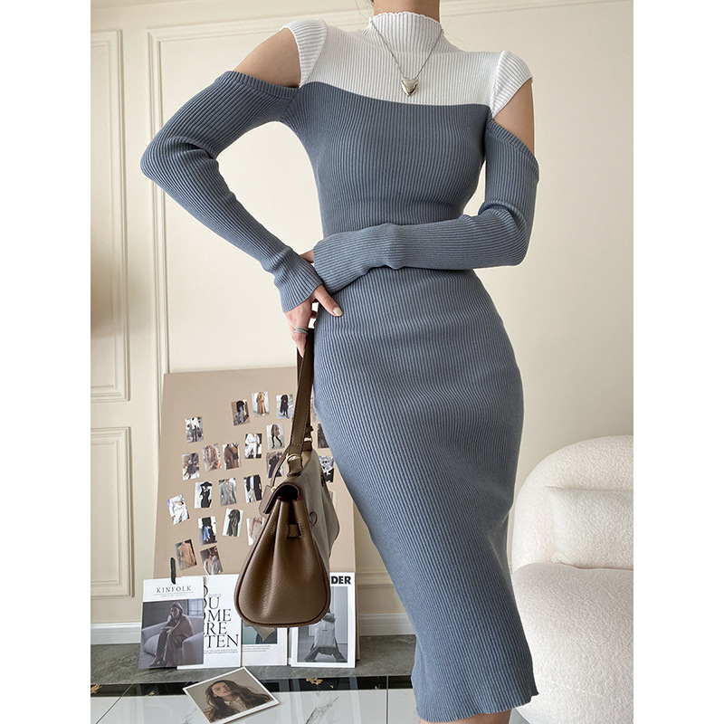 Hollow Half High Collar Contrast Color Knitted Bottoming Dress