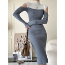 Hollow Half High Collar Contrast Color Knitted Bottoming Dress