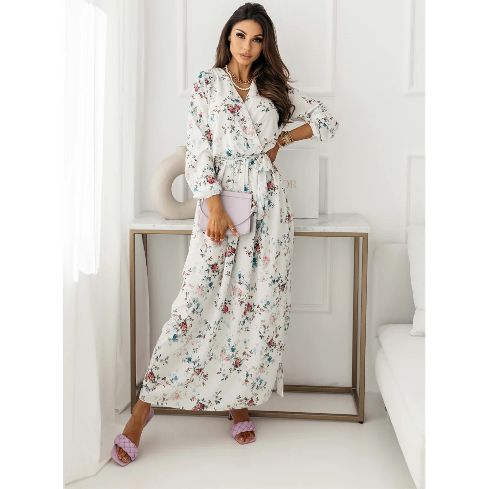 Spliced Long-sleeved Printed Belt Slit Dress