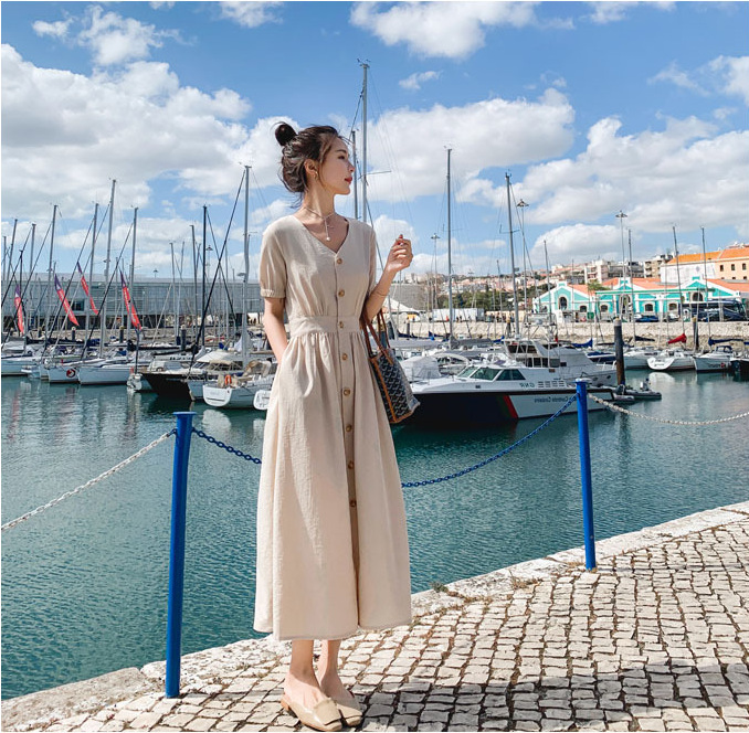 Over The Knee Temperament Waist Waist V-neck Long Skirt