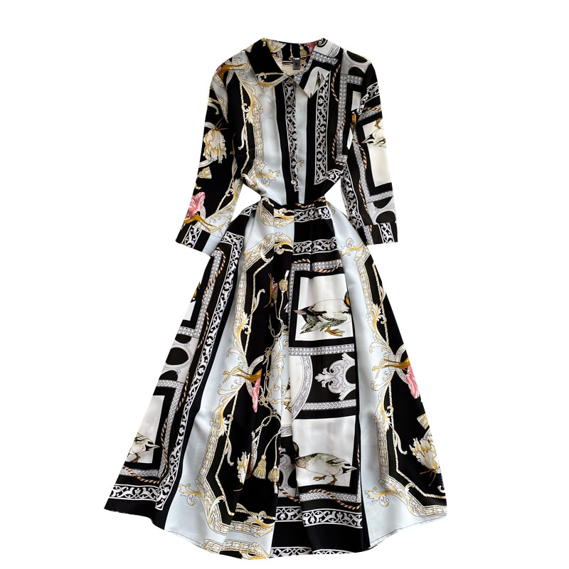 Design Niche Color Matching Printed Temperament Slim Light Mature Dress