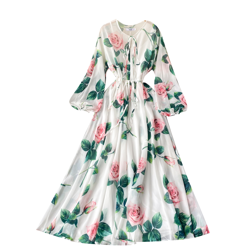 French Dress Goddess Fan Elegant Print Puff Sleeve Slim Long Dress Skirt