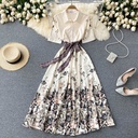 Polo Collar Buttoned Slim Mid-length Design Print Dress