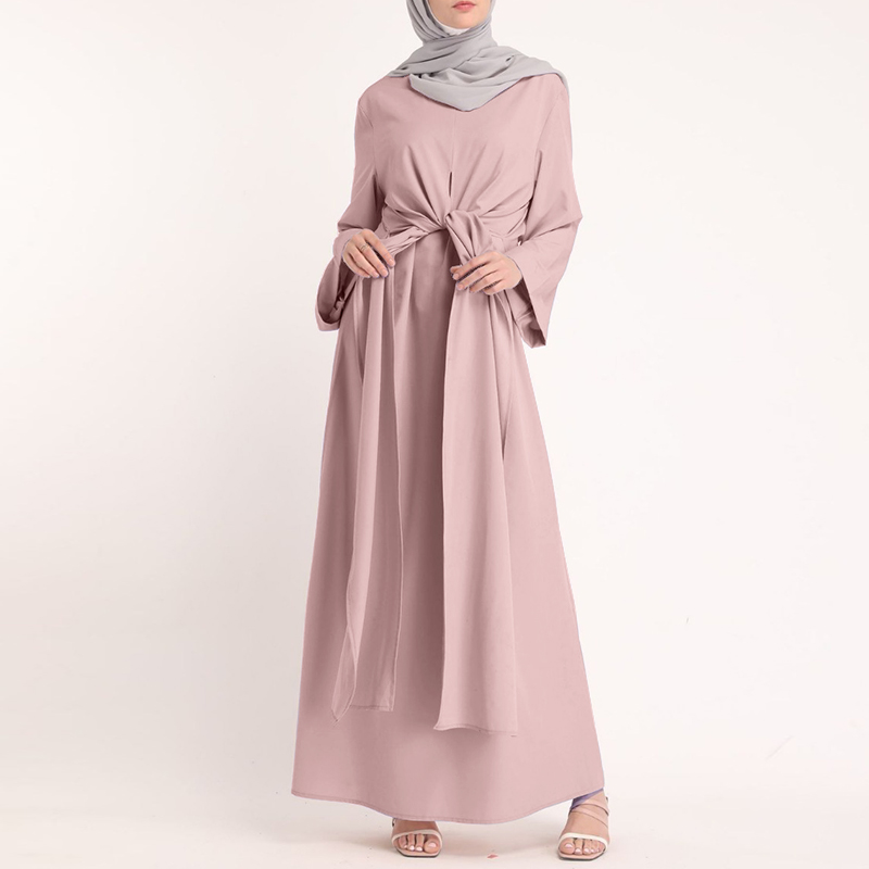 Long-Sleeved Belt Solid Round Neck Dress