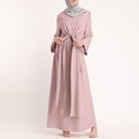 Long-Sleeved Belt Solid Round Neck Dress