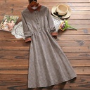 New Women's Corduroy Plaid Mid Length Long Sleeved Dress