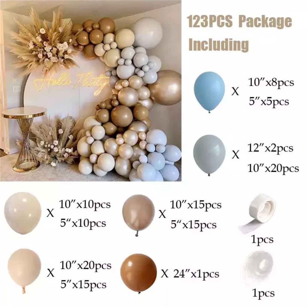A new party decoration set featuring balloons in a classic gray and peach design, perfect for baby showers and birthday parties 