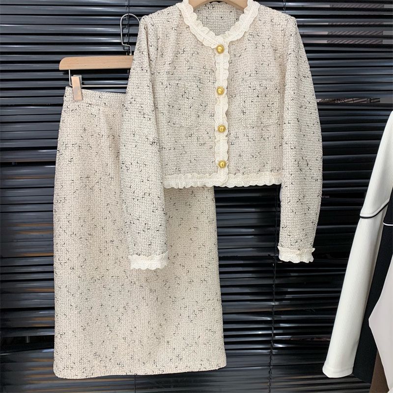 French Lace Splicing Coat Mid-length Skirt Two-piece Set