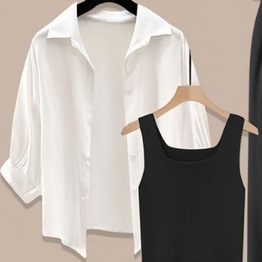 Women's Versatile Shirt Vest Slimming Wide Leg Pants Suit