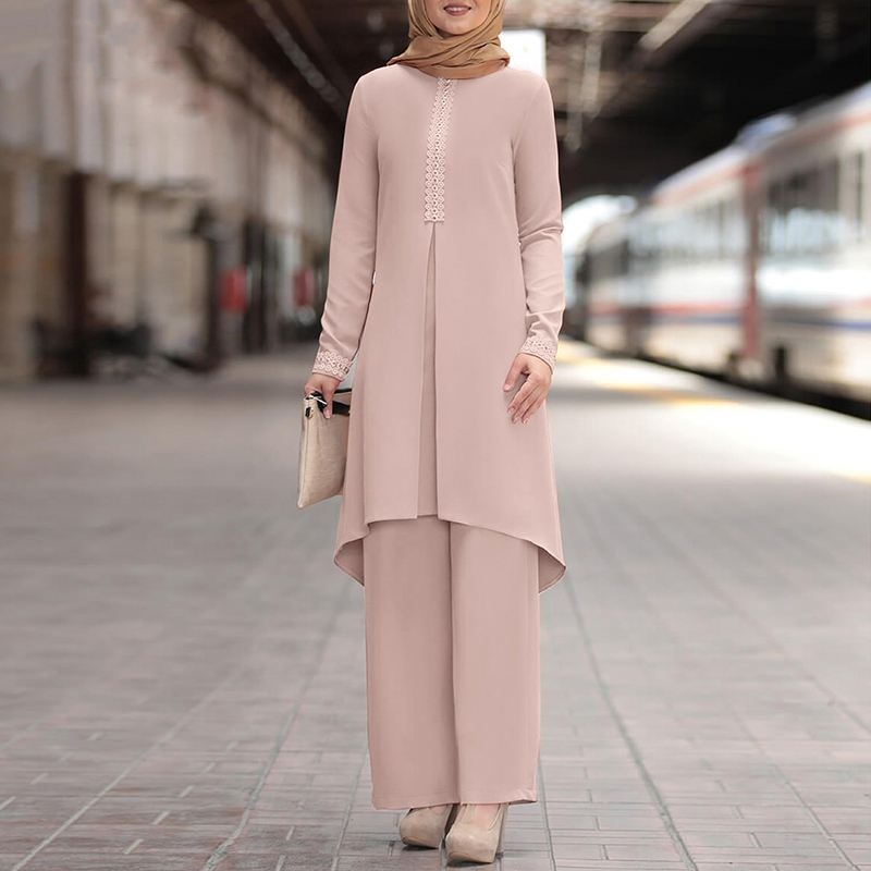 Solid Color Long Sleeve Lace Placket Round Neck Top And Trousers Suit