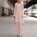 Solid Color Long Sleeve Lace Placket Round Neck Top And Trousers Suit