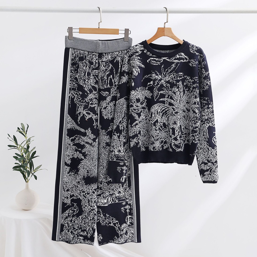 Knitting Patterns Two-piece Set Pullover Long Sleeve Sweater High Waist Wide Leg Top Suit