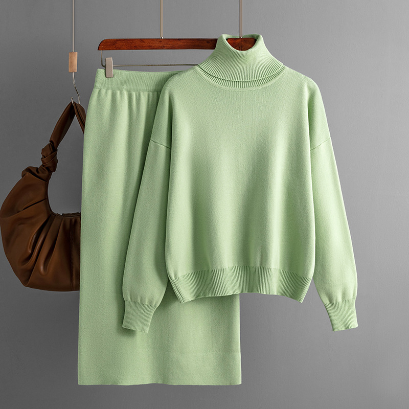Solid Color Turtleneck Sweater Sheath Skirt Two-piece Set Autumn And Winter