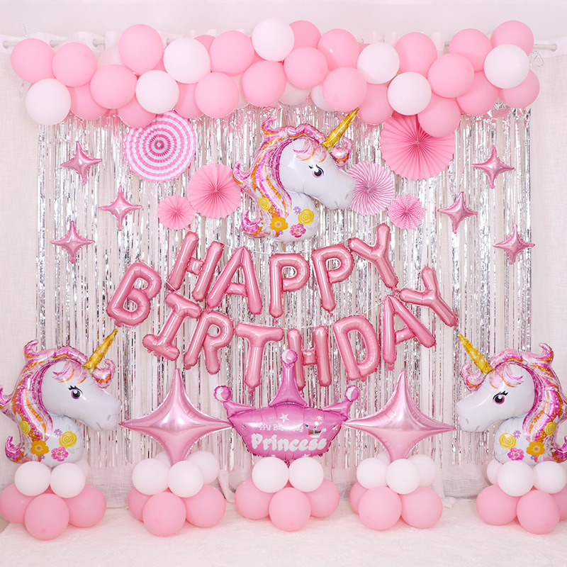 A birthday party set including balloons and decorations, perfect for celebrating birthdays or welcoming a newborn, adding a joyful and festive atmosphere to the occasion 