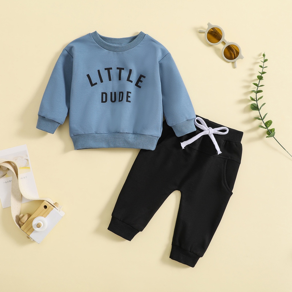 Round Neck Letter Printed Top Solid Color Pants Two Piece Set