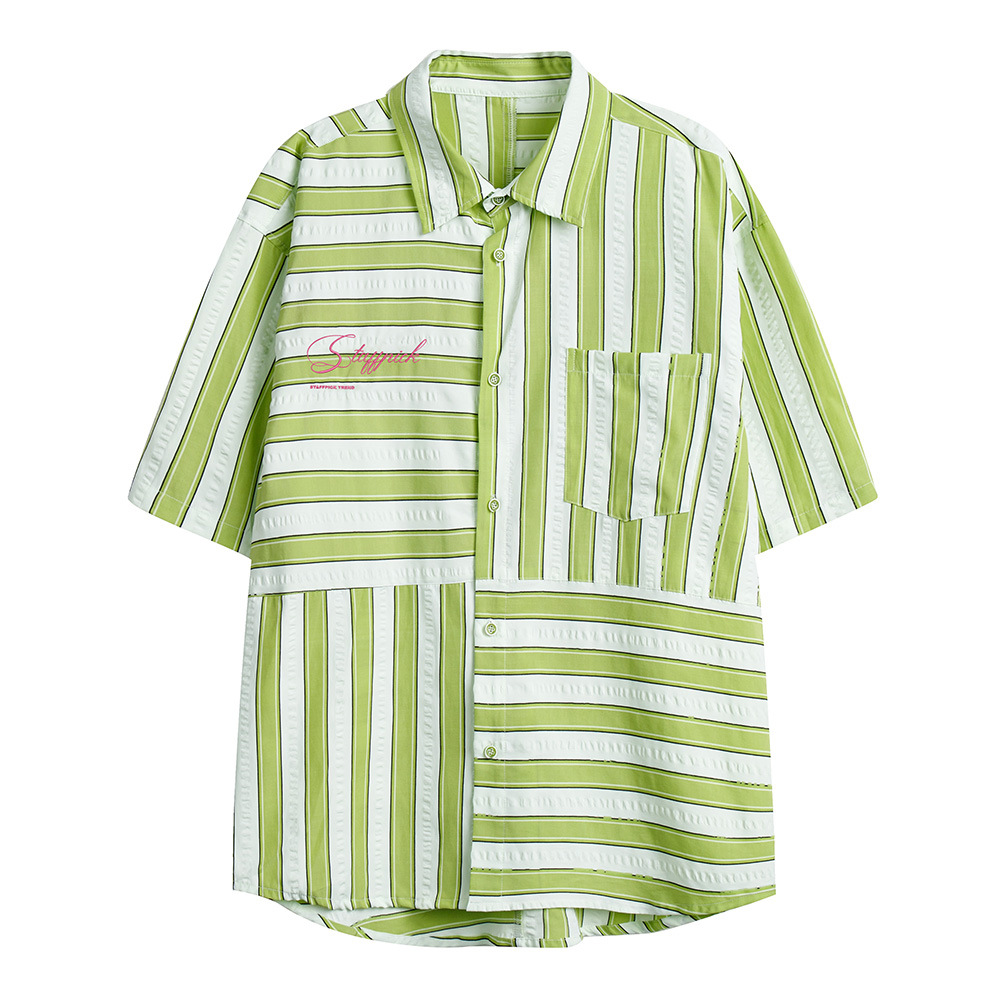 Men's Summer Leisure American-style Embroidered Striped Short-sleeved Shirt