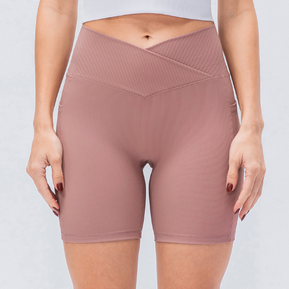 New Women's Yoga Shorts Cross Waist Slim Fit Fitness Pants Pockets High Waist Hip Lift Running Exercise Shorts