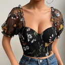 Net Yarn Flowers Embroidered Breasted Puff Sleeve Fishbone Short INS Top