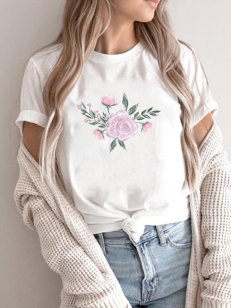 Cute Women's Flower Print Short-sleeved T-shirt