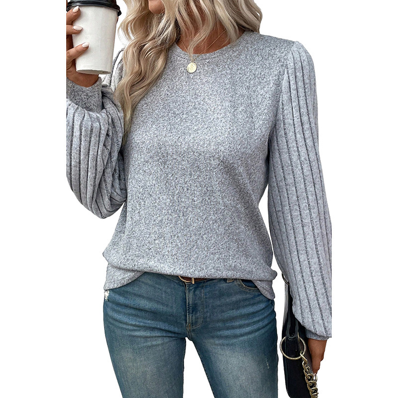 New Solid Color Simple T-shirt Female Spring Thread Sunken Stripe Long Sleeve Pullover Top