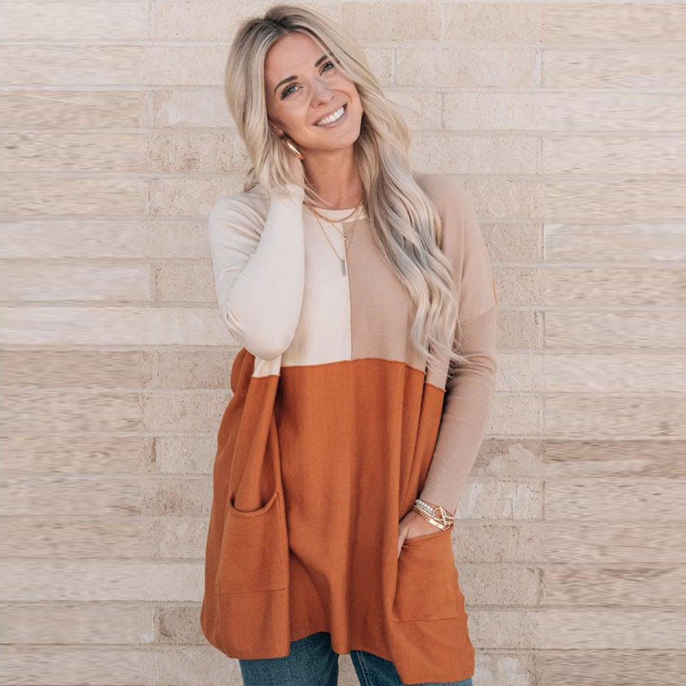 Women's Orange Pocket Color Matching Long-sleeved Top