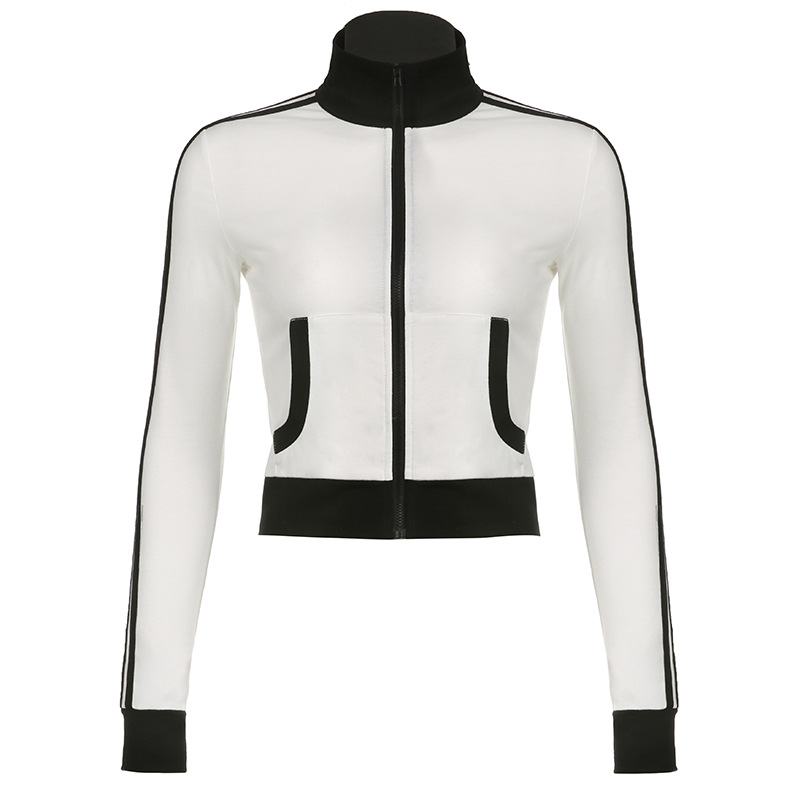 Women's Zipped Stand Collar Black And White Long-sleeved Top