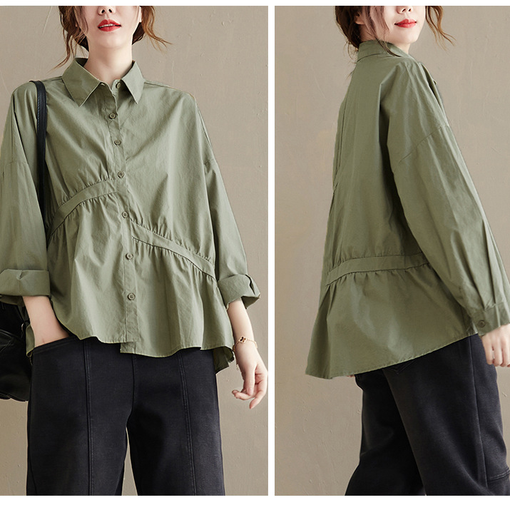 قميص نسائي بأكمام طويلة ولون سادة من القطن