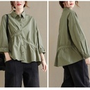 قميص نسائي بأكمام طويلة ولون سادة من القطن