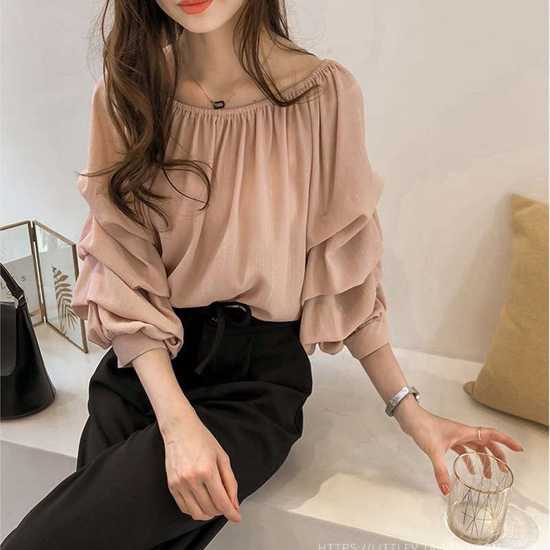 Spring New One Line Neck Strapless Chiffon Shirt Women Loose Bubble Blouse