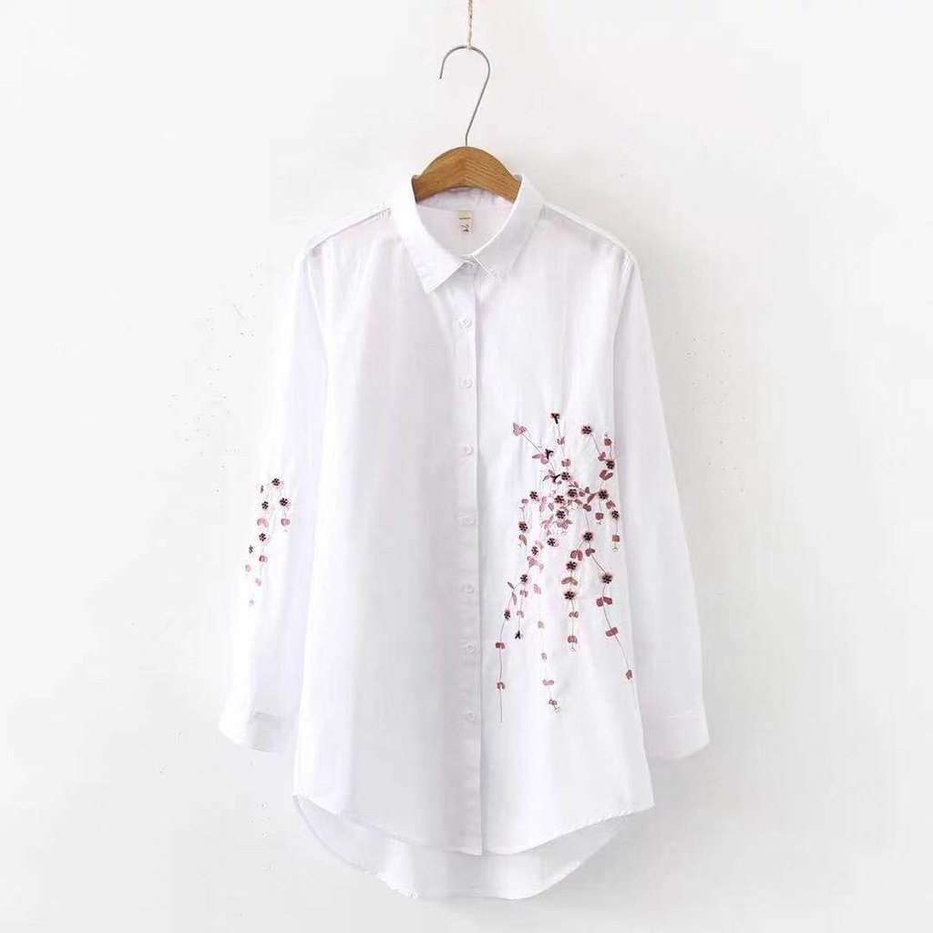Long Sleeve White Embroidered Loose Shirt