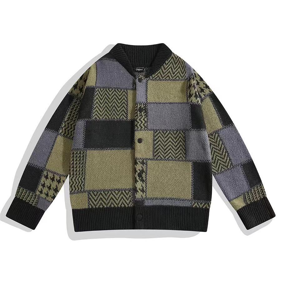 Autumn And Winter Color Matching Plaid Cardigan Knitted Sweater Men