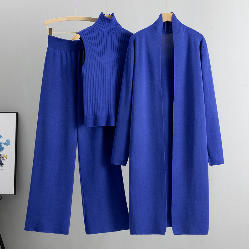 Women’s 3-Piece Knitted Set – Sleeveless Vest, Long Cardigan, and Wide-Leg Pants