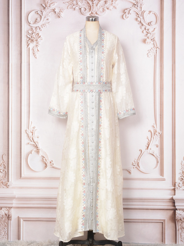 A Royal Eastern Kaftan Dress with Luxurious Embroidery Inspired by Islamic Heritage