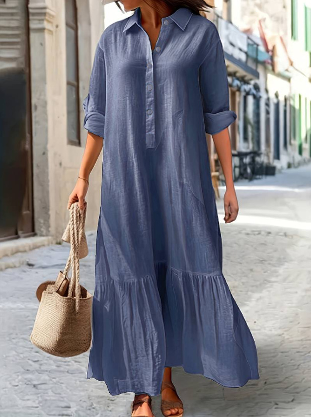 European and American Style Long Irregular Cotton and Linen Dress with Shirt Collar and Buttons