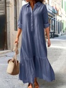 European and American Style Long Irregular Cotton and Linen Dress with Shirt Collar and Buttons