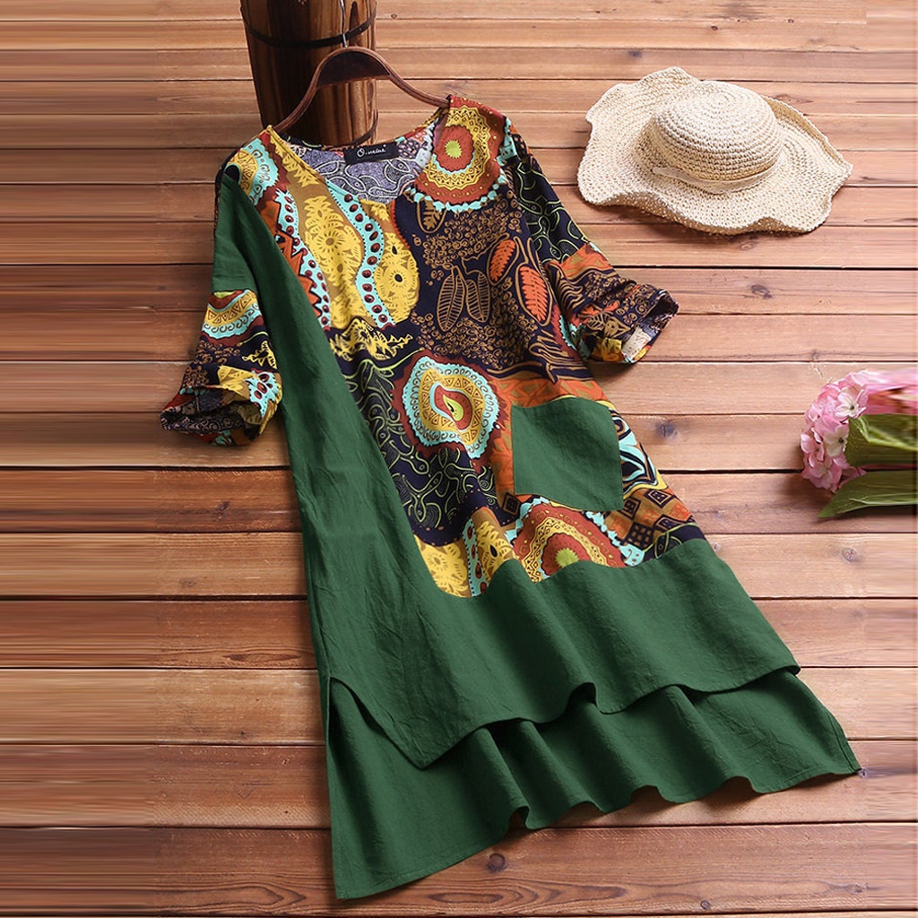 Short-Sleeve Cotton and Linen Dress with Printed Design 