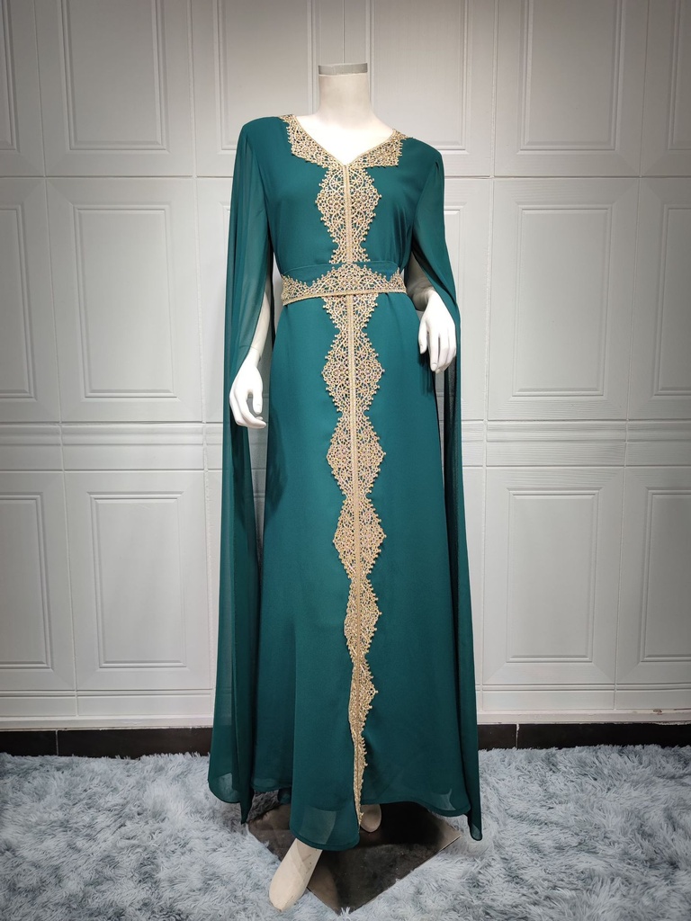 Luxury Arabic Chiffon Dress with Cape Design and Wide Lace Sleeves – Inspired by Arabic Heritage 