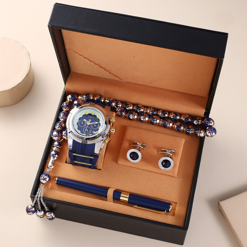 Elegant Luxury Gift Set: Watch, Rosary, Waterproof Watch, Cufflinks, Pen