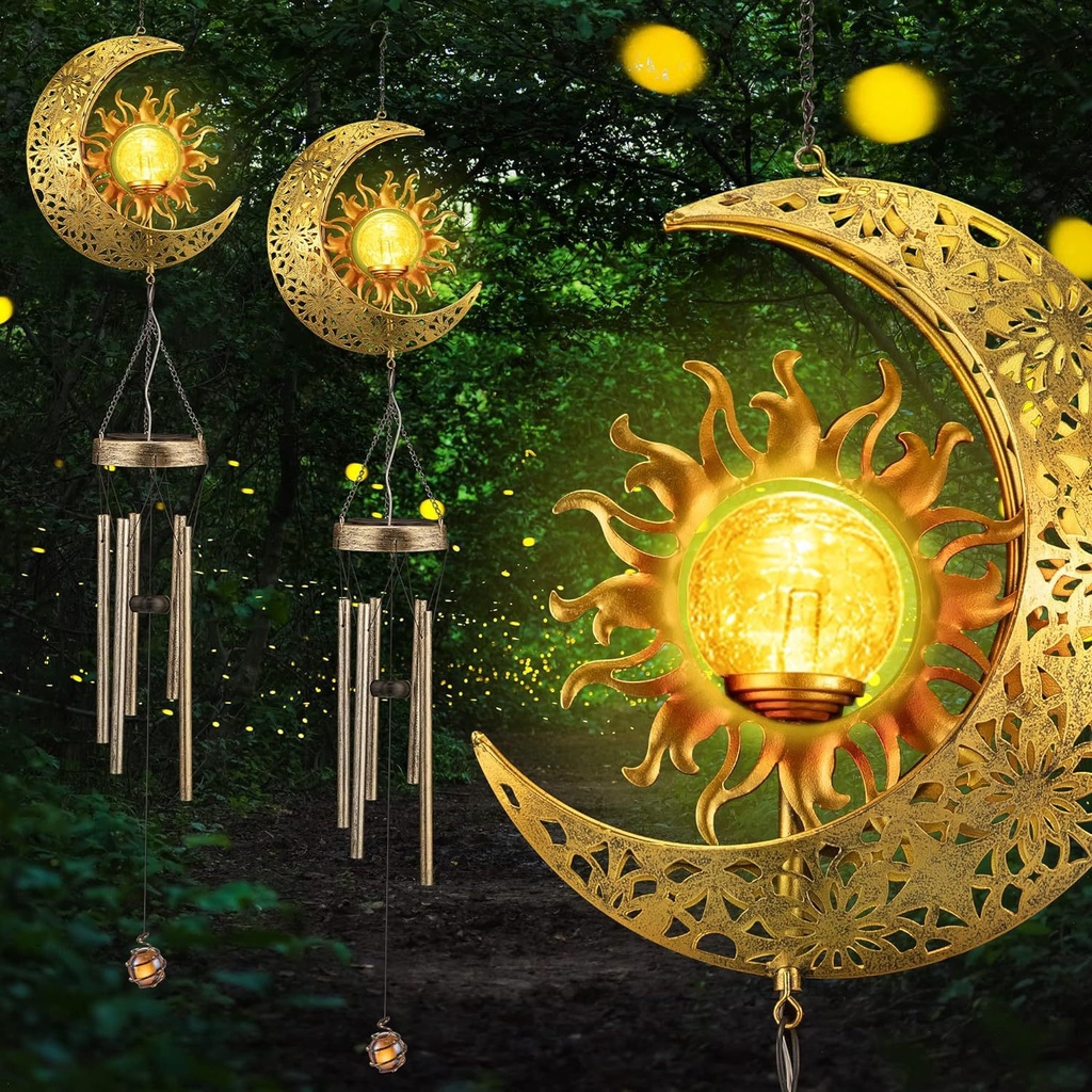 زينة رمضان أنيقة ومميزة مصباح معلق خارجي يعمل بالطاقة الشمسية بتصميم الشمس والقمر