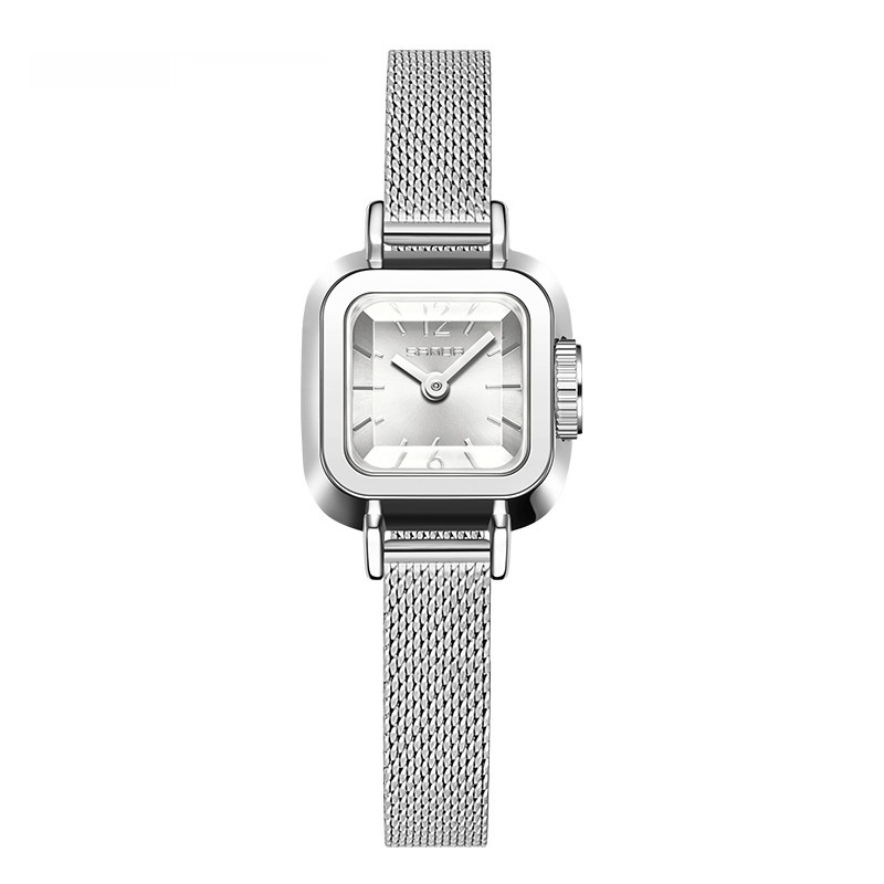A quartz watch with a mesh band, featuring a simple modern design adorned with an elegant Roman pattern, and distinguished by its water resistance