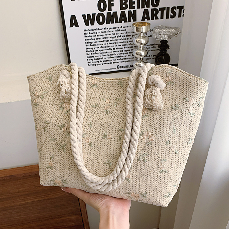 New Elegant Straw Shoulder Bag – Lace Design, Large Capacity, Fashionable Women's Handbag