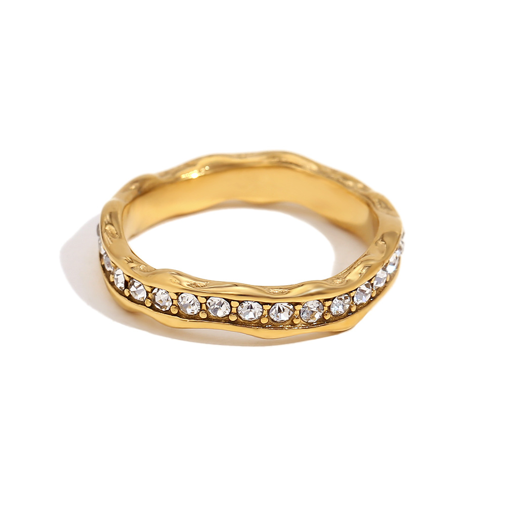 Luxurious Stainless Steel Ring with 18K Gold Plating, Featuring an Irregular Wave Design and Fully Adorned with Diamonds