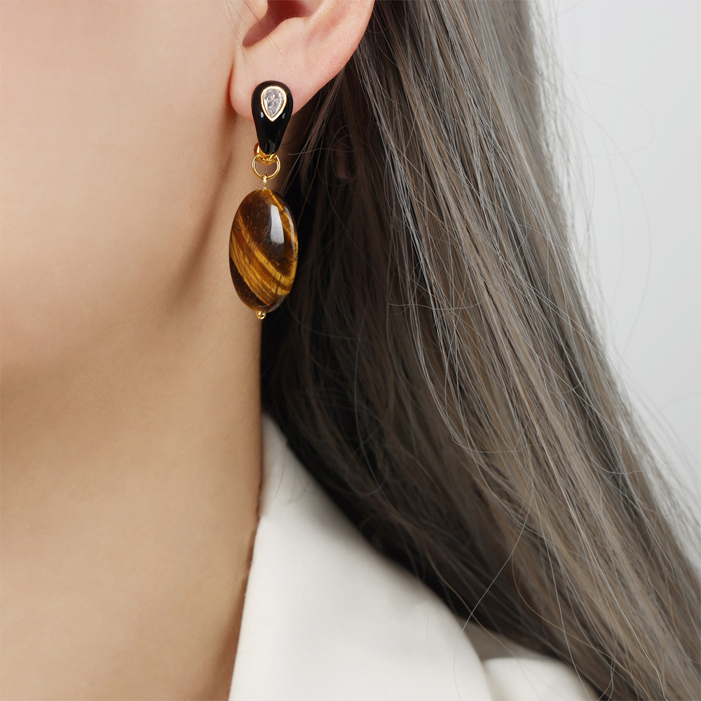 Retro Style Copper Earrings with Natural Gemstone Pendant in Elegant Design 