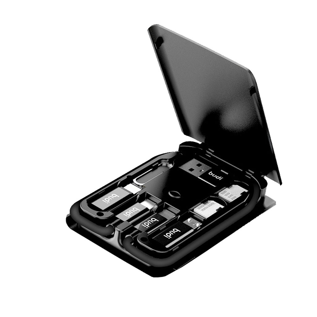 A multi-functional universal adapter with a card-shaped design, combining a phone holder, data cable adapter, wireless charger, portable storage, LED light, and USB Type-C cable