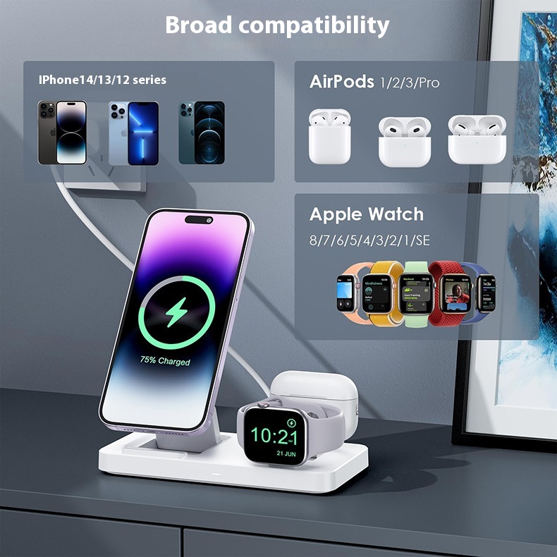 3-in-1 Foldable Magnetic Wireless Charger for Mobile, Watch, and Headset with a Stylish Modern Design