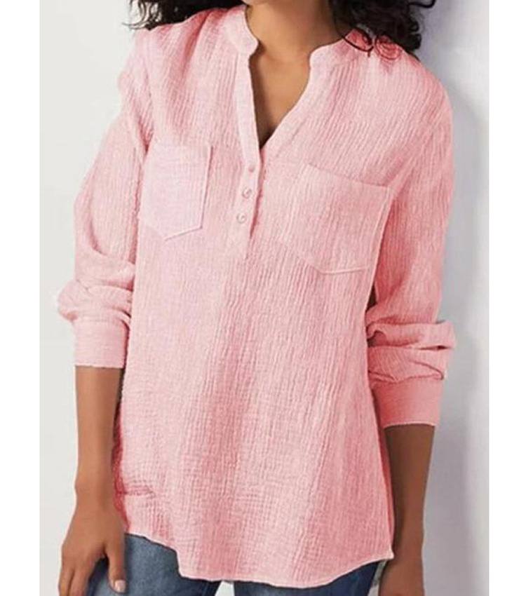 ose-Fit Women's Shirt Blouse with V-Neckline – Crafted from Cotton and Linen Blend for a Stylish and Comfortable Look